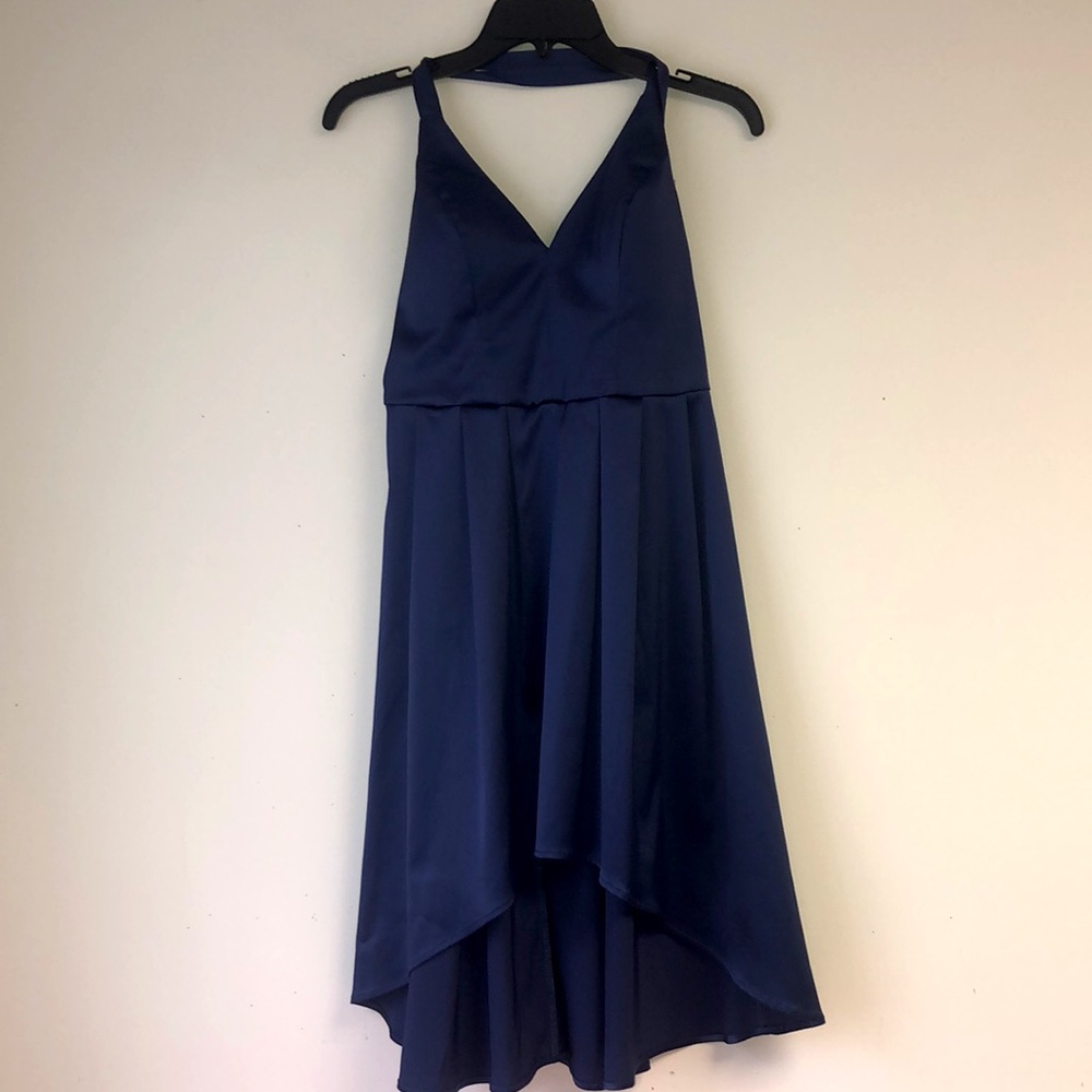 Sequin Hearts High Low Navy Blue Satin Dress